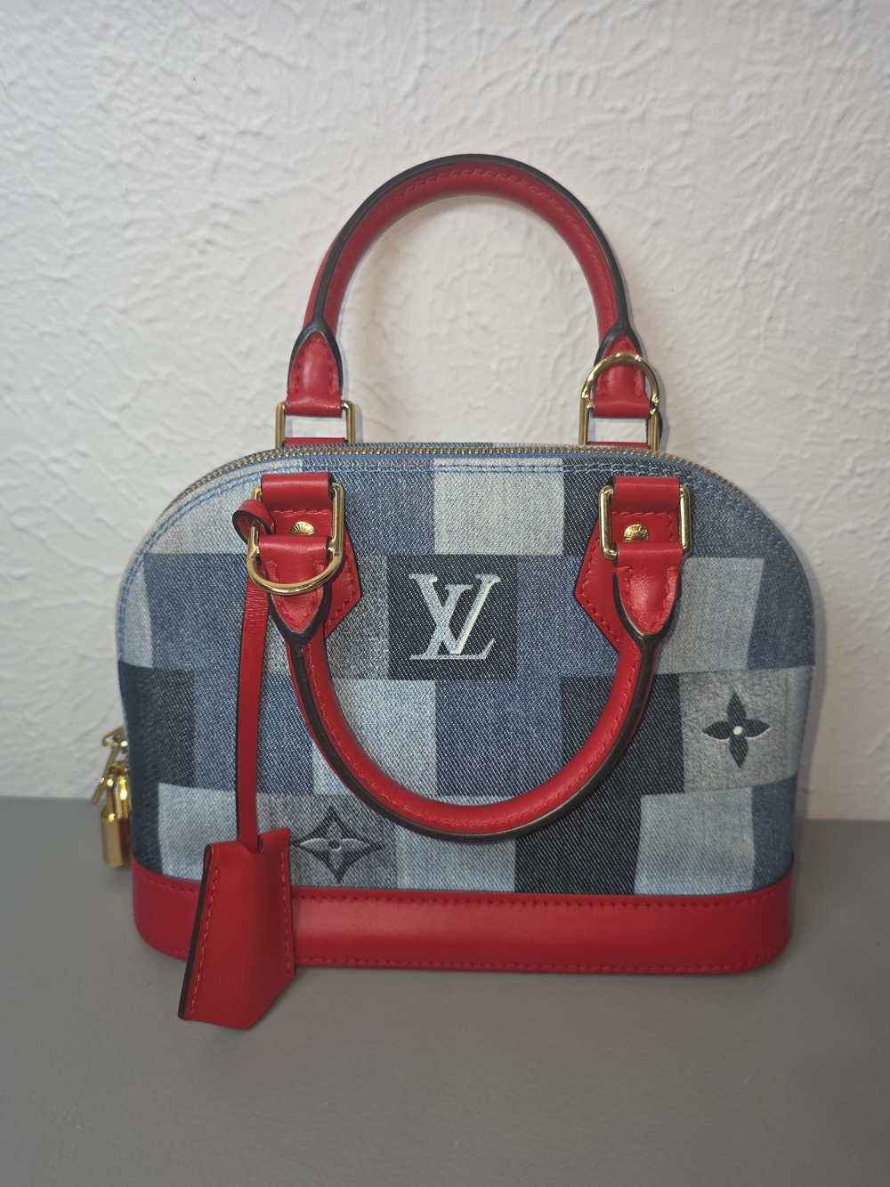Louis Vuitton Monogram Denim Patchwork Alma BB Red Leather Trim- FULL SET